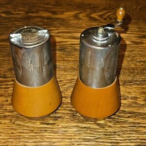 Vintage MCM Salt Shaker and Pepper Mill Set Wood Chrome Leaf Pattern Japan